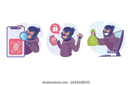 Um ladrão cibernético participando ativamente de vários crimes digitais e atividades de roubo on-line