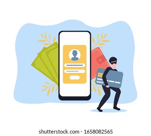 Cyber thief breaks a phone and steals money, credit card details. Hacked lock and bad antivirus. Flat vector cartoon illustration concept.