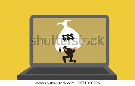 A cyber thief eloping with bag full of money from laptop, cybercrime illustration