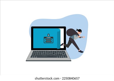 Cyber-Dieb, Hacker, raus aus der Tür mit einer Tasche mit persönlichen Informationen auf Computer oder Laptop. Konzept der Cybersicherheit und Kriminalität. Vektorgrafik von flachem Design Menschen Cartoon-Charakter.