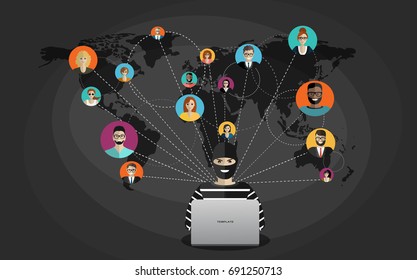 Cyber thief, hacker, hacking personal information from business people around the world. Cyber security and crime concept. Vector illustration of flat design