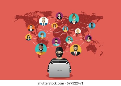 Cyber thief, hacker, hacking personal information from business people around the world. Cyber security and crime concept. Vector illustration of flat design