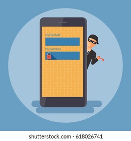 Cyber thief, hacker, holding key waiting to get access smartphone by unlock password. Cyber security and crime concept. Vector illustration of flat design people cartoon character.