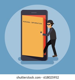 Cyber thief, hacker, open the door and access to get personal information on smartphone. Cyber security and crime concept. Vector illustration of flat design people cartoon character.