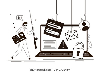 Cyber thief, hacker uses fishing rod and hooks for stealing passwords and information. Phishing account data on computer laptop, cyber security and crime concept. Monochrome linear vector illustration