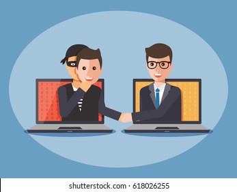 Cyber Thief, Hacker, Wearing A Man Mask And Shaking Hand With Businessman On Computer Laptop. Cyber Security And Crime Concept. Vector Illustration Of Flat Design People Cartoon Character.