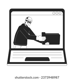 Ciber ladrón que contiene la carpeta portátil pantalla bw concepto ilustración de manchas vectoriales. Robar datos 2D caricatura de línea plana monocromática para el diseño de interfaz de usuario web. Imagen de héroe de contorno aislado editable