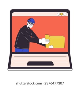 Cyber thief holding folder laptop screen flat line concept vector spot illustration. Stealing data 2D cartoon outline object on white for web UI design. Editable isolated color hero image