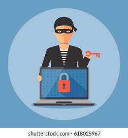 Cyber thief holding key to unlock computer laptop, Cyber security and crime concept. Vector illustration of flat design people cartoon character.