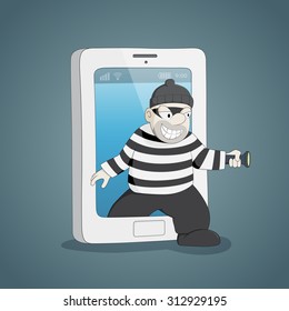 Cyber thief in internet come out from mobile.Cyberthieves concept.
