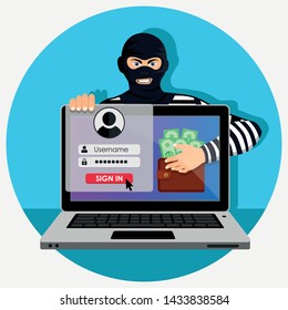 Cyber thief, internet scammer. Thief steals money from online wallet, credit card. Data theft. Poster for web page, banner, presentation, social media. Flat design vector illustration
