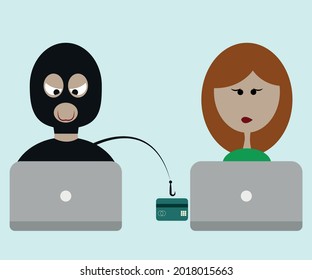 Cyber Thief, Internet Scammer. Thief Steals Money From Credit Card. Poster For Web Page, Banner, Presentation, Social Media. Vector Illustration In Flat Style.