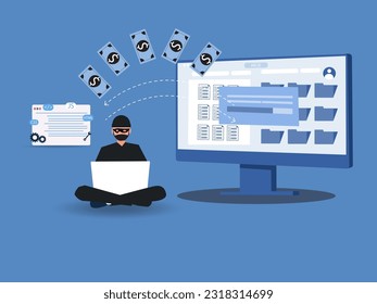 Ladrón cibernético, estafador de internet. El ladrón roba dinero de la cartera en línea, tarjeta de crédito. Afiche para página web, banner, presentación, medios sociales.  ilustración vectorial.