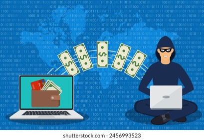 Cyber thief, internet scammer. Thief steals money from online wallet, credit card. Poster for web page, banner, presentation, social media. Vector illustration in flat style