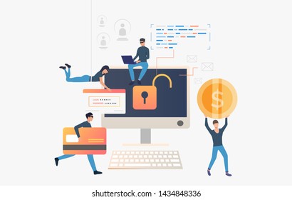 Cyber thieves robbing computer bank data. Cartoon hackers carrying credit card, password and money. Hacker attack concept. Vector illustration can be used for cybercrime, breach, hacker identity