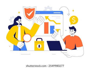 Ilustração do vetor de análise de ameaças cibernéticas apresentando gerenciamento de vulnerabilidades e controle de informações para tecnologia de proteção e segurança