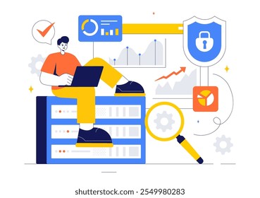 Ilustración vectorial de Análisis de Amenazas Cibernéticas con Gestión de Vulnerabilidades y Control de Información para Protección y Tecnología de Seguridad