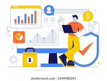 Ilustração do vetor de análise de ameaças cibernéticas apresentando gerenciamento de vulnerabilidades e controle de informações para tecnologia de proteção e segurança