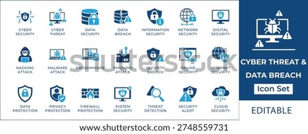 Cyber threat and data breach icon set featuring malware attack, ransomware, phishing, hacking, security breach, information safety, and digital privacy protection symbols.