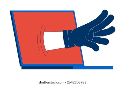 Ameaça cibernética luva mão alcançando a partir de ilustração de vetor laptop. Tentativa de hacking. Violação online. Acesso não autorizado. Imagem de desenho animado 2D de crime digital isolado no branco. Clipart plano editável colorido
