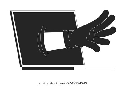 A mão enluvada da ameaça cibernética chega da ilustração do esboço do laptop. Tentativa de hacking. Violação online. Acesso não autorizado. Crime digital isolado imagem vetorial 2D preto e branco. clip-art de desenho linear