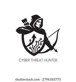 Cyber Threat Hunter logo utilizes a silhouette of a hunter aiming a bow, combined with abstract digital patterns to suggest a sophisticated approach to security, ideal for specialized IT security firms or ethical hacking companies focusing on precision, agility, and modern defense strategies within a competitive digital environment.