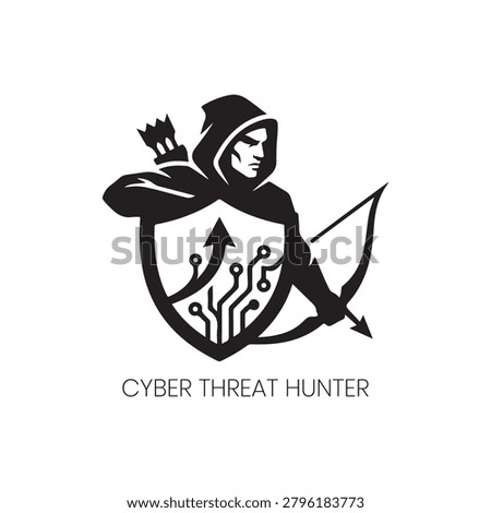Cyber Threat Hunter logo utilizes a silhouette of a hunter aiming a bow, combined with abstract digital patterns to suggest a sophisticated approach to security, ideal for specialized IT security firms or ethical hacking companies focusing on precision, agility, and modern defense strategies within a competitive digital environment.