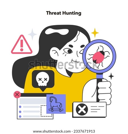 Cyber threat hunting. Practice of proactively searching for cyber threats that are lurking undetected in a network. Cyberattacks detection evaded traditional defense. Flat vector illustration