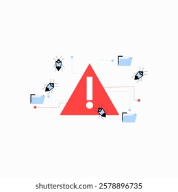 Cyber Threat Warning Sign With Bugs in Flat Vector Illustration Symbolizing Malware, Cybersecurity Risk, and Digital Security Alert, Isolated on White Background