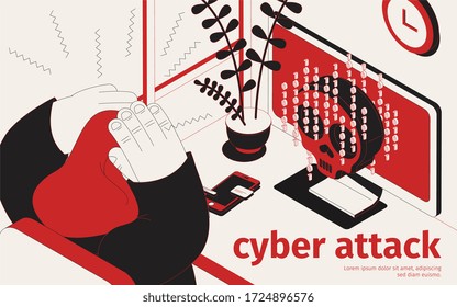 Cyber threat weapon virus isometric background with view of workplace infected desktop computer and panic person vector illustration