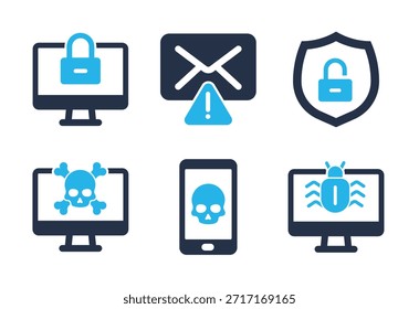 Conjunto de iconos de amenazas cibernéticas y malware. Iconos de la serie de glifos sólidos
