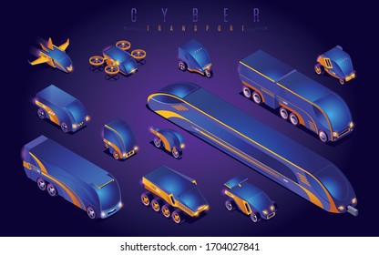 Cyber Transport Set isometric icons on isolated background