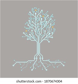 Cyber Tree future technology on gray background, blue cyber resources. concept circuit board tree. PCB, Vector flat design illustration.