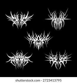 Cyber tribal game logo vector set featuring futuristic symmetrical emblems, sharp techno tribal style for factions, clans, UI icons, and sci-fi branding