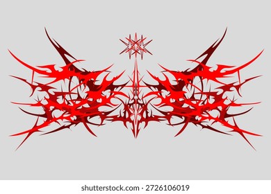 Vector de adorno tribal cibernético con puntas abstractas simétricas afiladas, estilo negro rojo agresivo para logo, ropa de calle, tatuaje, póster y Diseño gráfico vanguardista