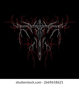 Vector de espada tribal cibernético en estilo de línea roja y blanca, diseño de arma simétrica futurista perfecto para tatuaje, camiseta oscura de streetwear, póster o arte digital