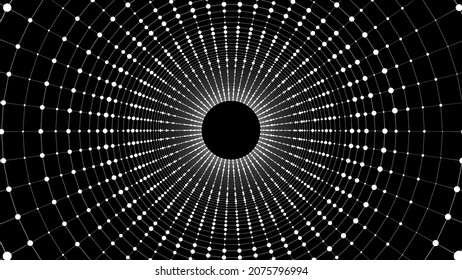 Cyber tunnel consisting of moving glowing points. Futuristic infinite space background. Concept of data transfer in cyberspace. Hi-tech illustration. Vector illustration.