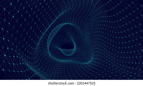 Túnel cibernético que consiste en puntos de brillo en movimiento. Fondo de espacio infinito futurista. Concepto de transferencia de datos en el ciberespacio. Ilustración de alta tecnología. Ilustración vectorial.