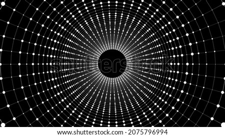 Cyber tunnel consisting of moving glowing points. Futuristic infinite space background. Concept of data transfer in cyberspace. Hi-tech illustration. Vector illustration.