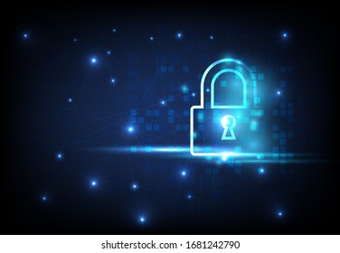 Cyber Unlock security concept. Lock symbol form lines and triangles, point connecting network on blue background. Illustration vector