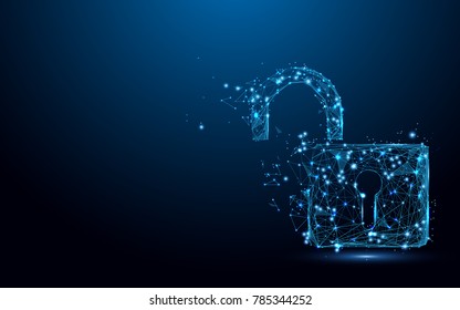 Cyber Unlock security concept. Lock symbol form lines and triangles, point connecting network on blue background. Illustration vector