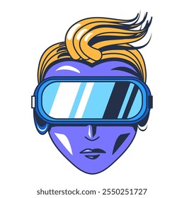 Cyber user face in virtual reality glasses. Gadget for VR technologies. High tech tools to build virtual reality. Colored cartoon vector in comic futuristic style isolated on white background