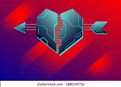 Cyber Valentine's Day. Cyber style holiday illustration. Cybernetic heart on digital background. Stylized template, blank for the inscription congratulations. Vector in neon colors