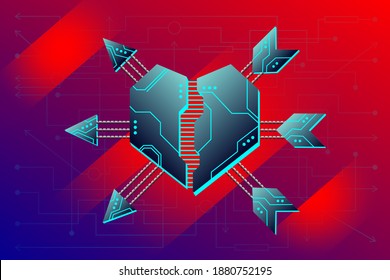 Cyber Valentine's Day. Cyber style holiday illustration. Cybernetic heart on digital background. Stylized template, blank for the inscription congratulations. Vector in neon colors