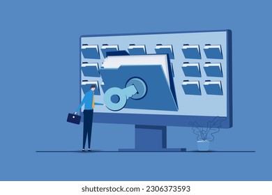 Ciber・concepto de seguridad, vectorial de protección de archivos digitales con clave de seguridad para acceder a archivos digitales.