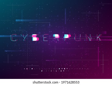 Cyber vector font design with glitch effect. Distorted futuristic English letters, numbers, symbols in cyberpunk style. Glitch digital style alphabet. Design for cybersport events, web, app.