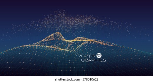 Cyber vector landscape made of wireframe and particles with rising particles above with connection line. Modern design concept for technology illustration, big data.