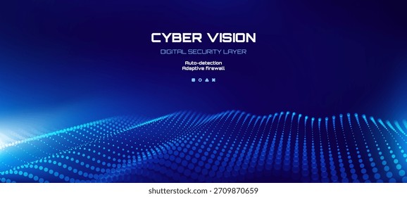 Capa de seguridad digital de visión cibernética. Fondo futurista Abstractas del Vector con la onda de partícula azul brillante para el concepto de la tecnología.