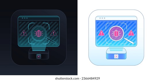 Cyber vulnerability in system. Computer protection, window frame with magnifier, bug scanner and danger warning. Cyber attack detection, virus scan, hack detect. System bug protection check. Vector