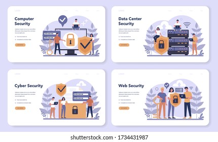 Banner web de seguridad cibernética o web o conjunto de páginas de inicio. Idea de protección y seguridad de datos digitales. Tecnología moderna y crimen virtual. Información de protección en internet. Ilustración vectorial plana